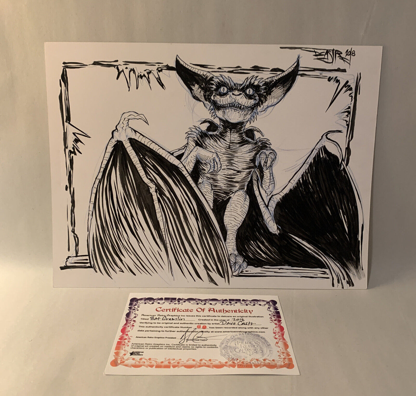 Dave Castr " Bat Gremlin " 9x 12" Original Electric Bear Comic Art W ARG COA 60