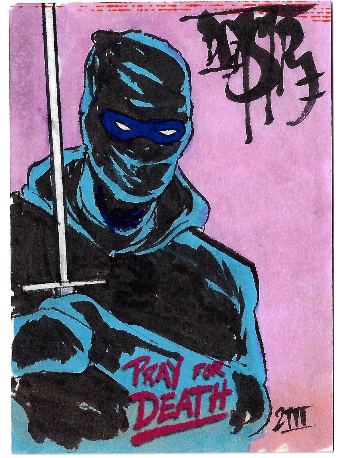 Pray For Death (2022) ARG Sketch Card w Original Blue Ninja DCastr Fan Art