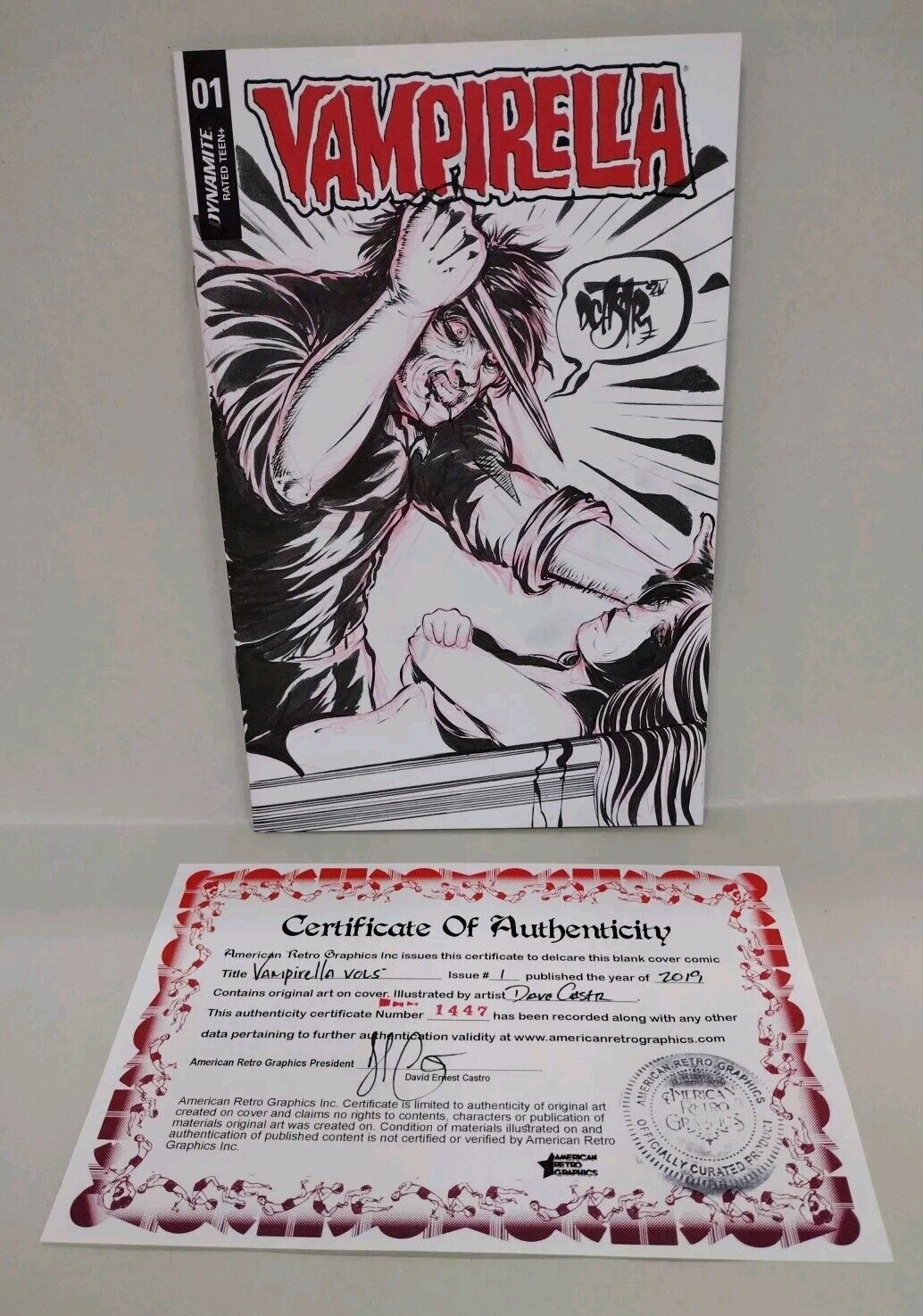 Vampirella #1 (2019) Dynamite Sketch Variant Comic W Original Dave Castr Art COA