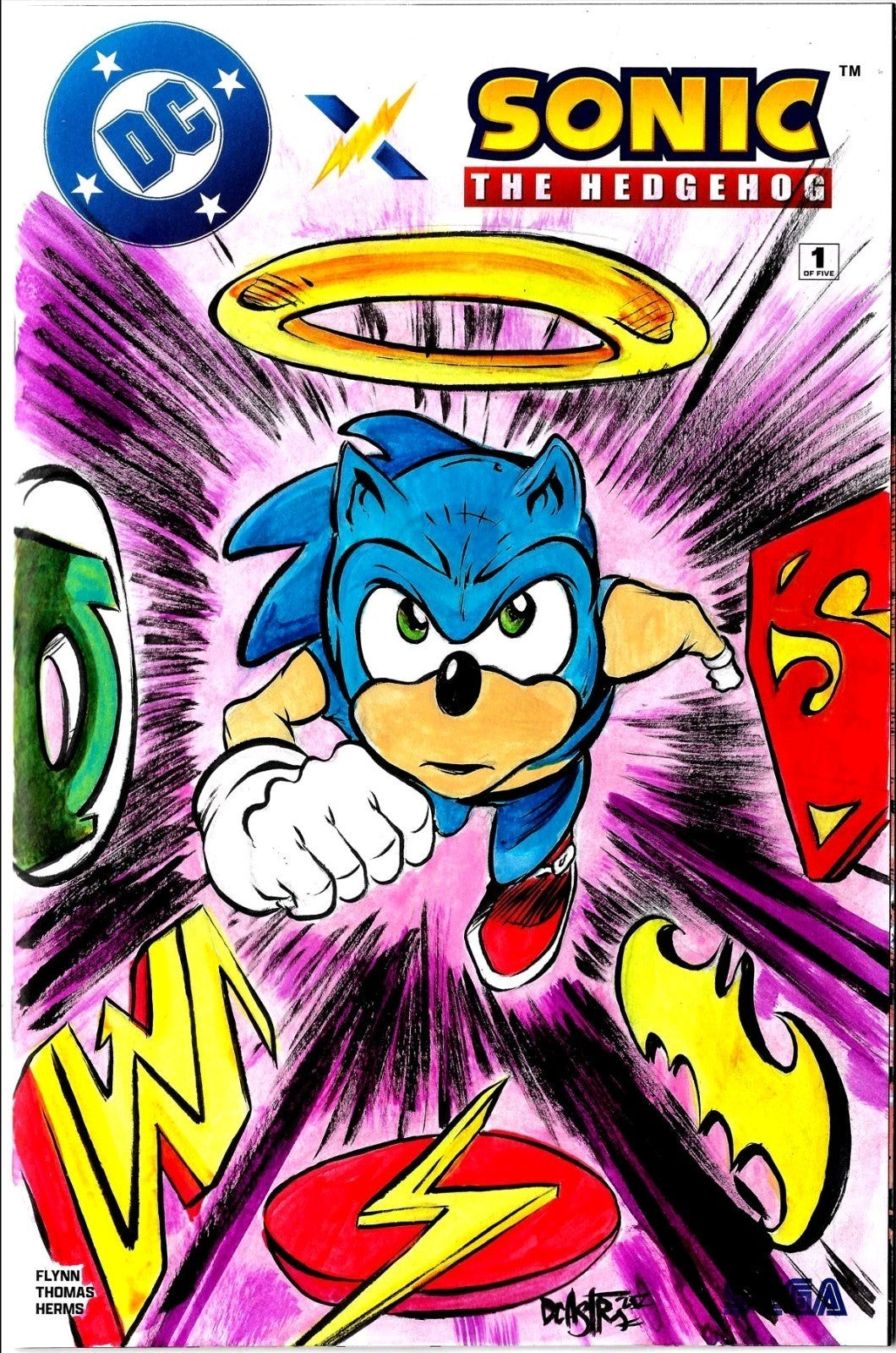 DC x Sonic the Hedgehog 1 DC Sega Sketch Variant Cover W Original Dave Castr Art